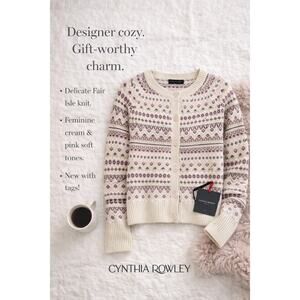 Cynthia Rowley NWT Fair Isle Cardigan Sweater  Pink Button Front Cozy Knit Med